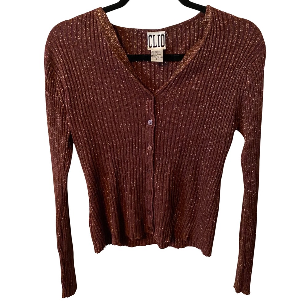 VTG CLIO‎ Womens Burgundy Sparkle Knit Cardigan Sweater Size L